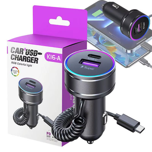 Car Charger Adapter Fast Charging PD 30W Type-C Adapter Block with Night Vision Design Mobile Phone Accessories for Car SUV Auto