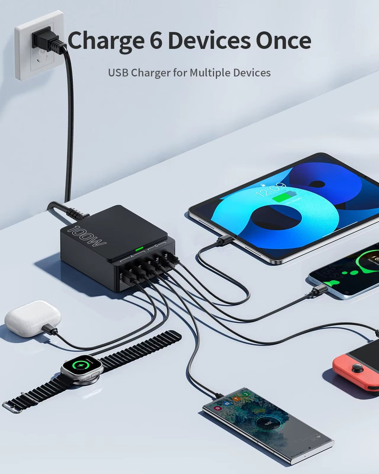 100W 6-Port Gan Quick Charge Hub - PD 3.0 Type C and USB a Charging Case - for Cell Phone Tablet Laptop