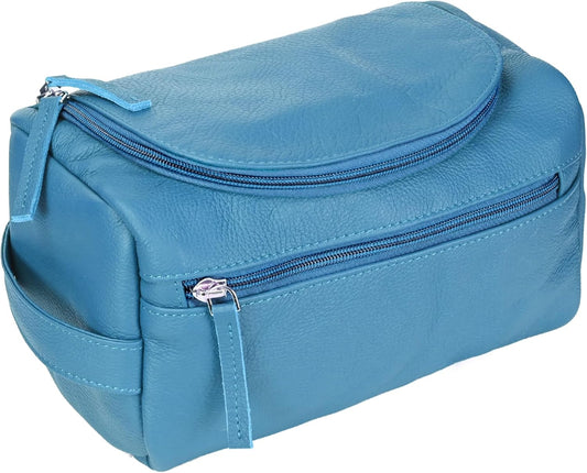 Premium REAL Leather Toiletry Bag for Men Dopp Kitt Hanging Mens Toiletry Large TSA Toiletries Bag Shaving Grooming Bag Organizer (Blue, Large)