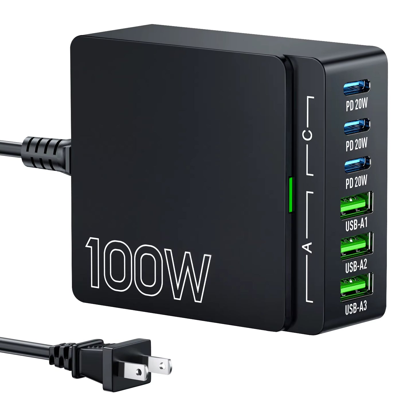 100W 6-Port Gan Quick Charge Hub - PD 3.0 Type C and USB a Charging Case - for Cell Phone Tablet Laptop