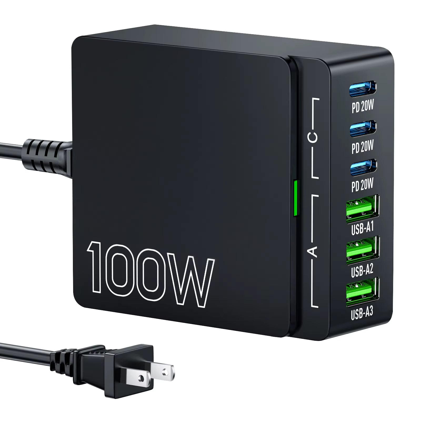 100W 6-Port Gan Quick Charge Hub - PD 3.0 Type C and USB a Charging Case - for Cell Phone Tablet Laptop
