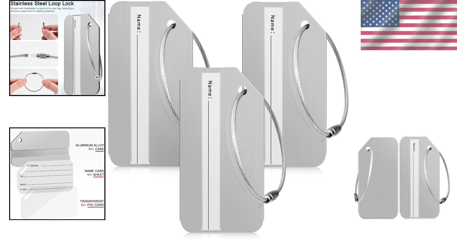 Versatile Luggage & Bag Tags Set of 3 - Aluminum with Durable Stainless Steel