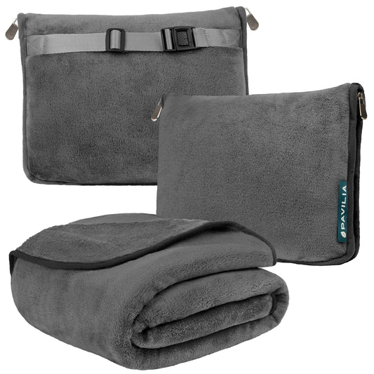 Travel Blanket Pillow, Soft Airplane Blanket 2-IN-1 Combo Set, Plane Blanket Compact Packable, Flight Essentials Car Pillow, Travelers Gifts Accessories, Luggage Backpack Strap, 60X43 Gray