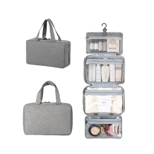 Travel Toiletry Bag for Women Waterproof Hanging Organizer with 4 Compartments Compact Makeup and Hygiene Bag for Travel Bathroom or Gym (Gray)