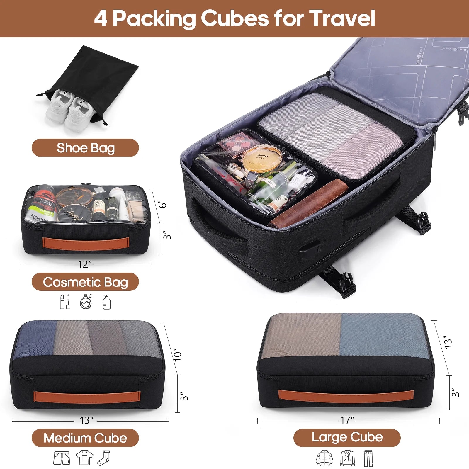 Travel Backpack for Men & Women Carry on Backpack Flight Approved 40L Waterproof Anti-Theft Personal Item Backpack with Packing Cubes and Shoe Pocket