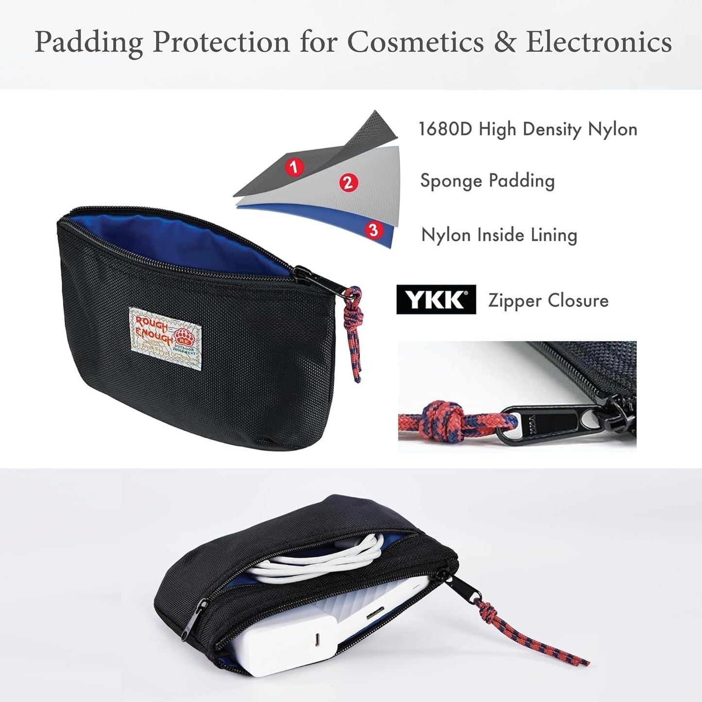 Rough Enough Small Tech Organizer Travel Case for Electronics & Cords - Cable Storage Bag Black