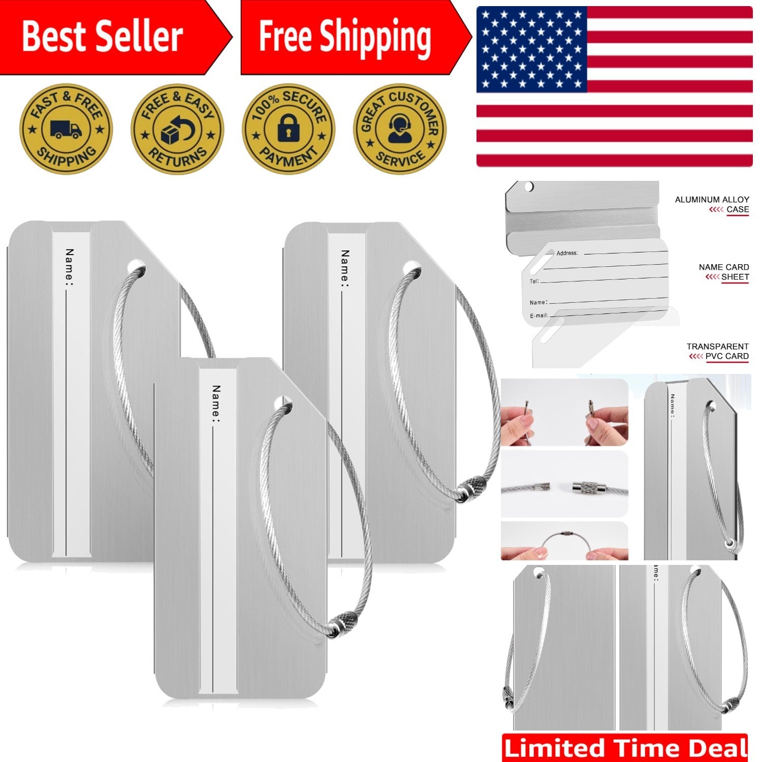 Versatile Luggage & Bag Tags Set of 3 - Aluminum with Durable Stainless Steel
