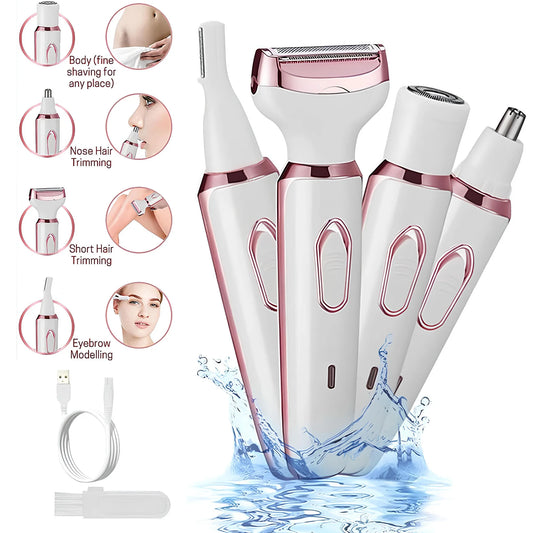 Electric Razor for Women, 4-In-1 Womens Body Hair Removal, Pubic Shaver Bikini Trimmer for Eyebrow Face Body Underarm, Portable Ladies
