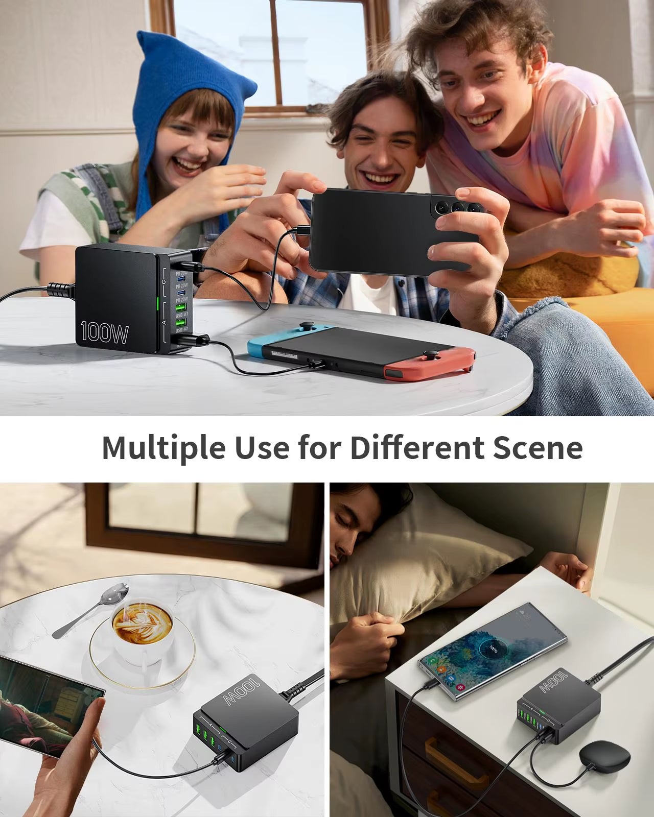 100W 6-Port Gan Quick Charge Hub - PD 3.0 Type C and USB a Charging Case - for Cell Phone Tablet Laptop